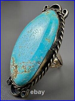 Large Vintage Navajo Sterling Silver Gem Grade Turquoise Ring 2 Long NICE