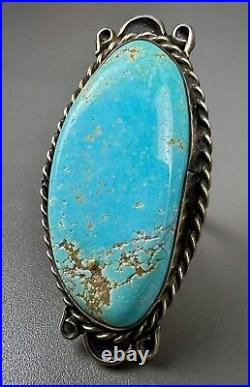 Large Vintage Navajo Sterling Silver Gem Grade Turquoise Ring 2 Long NICE