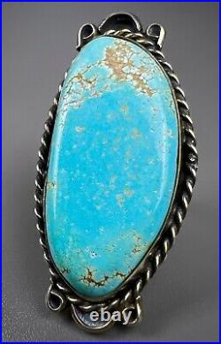 Large Vintage Navajo Sterling Silver Gem Grade Turquoise Ring 2 Long NICE