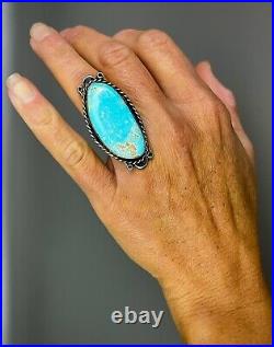 Large Vintage Navajo Sterling Silver Gem Grade Turquoise Ring 2 Long NICE