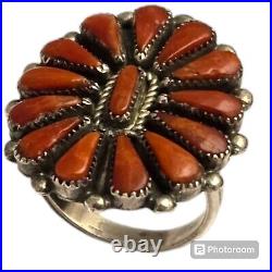 Marvelous Old ZUNI Bernall Natewa CORAL STERLING SILVER Cluster RINGsz9