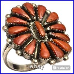 Marvelous Old ZUNI Bernall Natewa CORAL STERLING SILVER Cluster RINGsz9