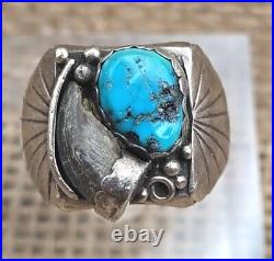 Mens Navajo Sterling Silver & Stormy Mountain Turquoise Prayer Fan Ring Size 12