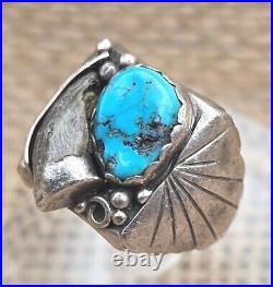 Mens Navajo Sterling Silver & Stormy Mountain Turquoise Prayer Fan Ring Size 12