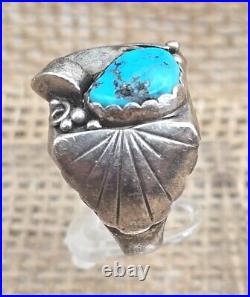 Mens Navajo Sterling Silver & Stormy Mountain Turquoise Prayer Fan Ring Size 12