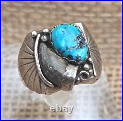 Mens Navajo Sterling Silver & Stormy Mountain Turquoise Prayer Fan Ring Size 12