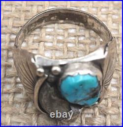 Mens Navajo Sterling Silver & Stormy Mountain Turquoise Prayer Fan Ring Size 12