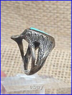 Mens Sterling Silver Turquoise Eagle Feathers Ring Sz 10.25 VTG Native American