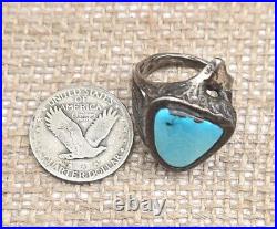 Mens Sterling Silver Turquoise Eagle Feathers Ring Sz 10.25 VTG Native American