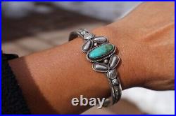 Native Am Royston Turquoise Bracelet Signed Sterling Silver Jewelry sz 7