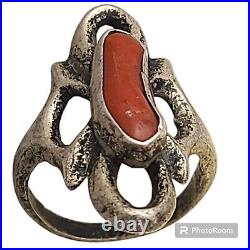 Native American 1950s Sandcast Coin Silver Mediterreanean Coral Ringsz9