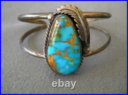 Native American Blue Royston Turquoise Sterling Silver Leaf Cuff Bracelet