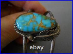 Native American Blue Royston Turquoise Sterling Silver Leaf Cuff Bracelet