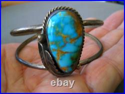 Native American Blue Royston Turquoise Sterling Silver Leaf Cuff Bracelet