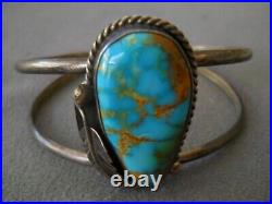 Native American Blue Royston Turquoise Sterling Silver Leaf Cuff Bracelet