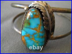 Native American Blue Royston Turquoise Sterling Silver Leaf Cuff Bracelet