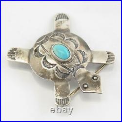 Native American Brooch Turtle, Stamped Turquoise Sterling Silver