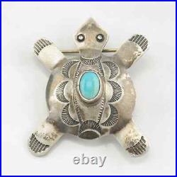 Native American Brooch Turtle, Stamped Turquoise Sterling Silver