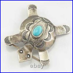 Native American Brooch Turtle, Stamped Turquoise Sterling Silver