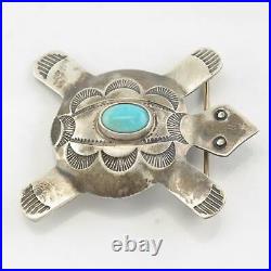 Native American Brooch Turtle, Stamped Turquoise Sterling Silver