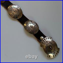 Native American Concho Belt Stamped Silver Signed Donald Beartrack 35 Leather