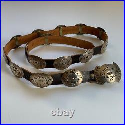 Native American Concho Belt Stamped Silver Signed Donald Beartrack 35 Leather