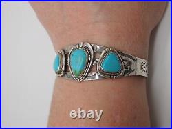 Native American Indian Sterling Silver Turquoise Stone Tribal Cuff Bracelet