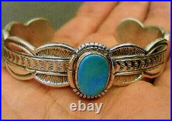 Native American Indian Turquoise Stamped Sterling Silver Bracelet Signed 40g