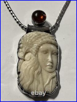 Native American Jewelry Eagle Bone, Stone, Sterling Silver 925 Necklace 69 Gram