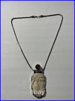 Native American Jewelry Eagle Bone, Stone, Sterling Silver 925 Necklace 69 Gram