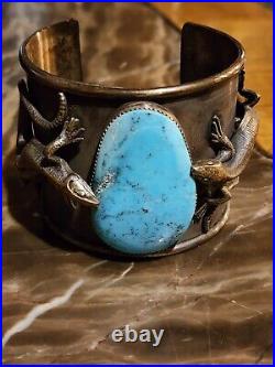 Native American Jewelry Giant Spiderweb Turquoise Gecko Sterling Silver