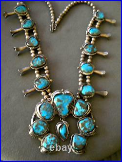 Native American Morenci Turquoise Sterling Silver Squash Blossom Bead Necklace