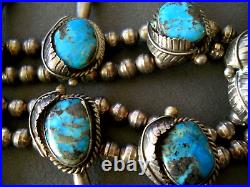 Native American Morenci Turquoise Sterling Silver Squash Blossom Bead Necklace