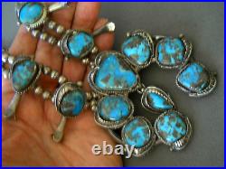 Native American Morenci Turquoise Sterling Silver Squash Blossom Bead Necklace