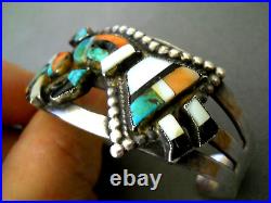 Native American Multi-Stone Inlay Sterling Silver Rainbow Man Bracelet 1940s 50s