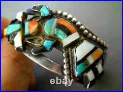 Native American Multi-Stone Inlay Sterling Silver Rainbow Man Bracelet 1940s 50s