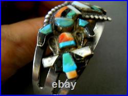 Native American Multi-Stone Inlay Sterling Silver Rainbow Man Bracelet 1940s 50s