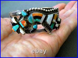 Native American Multi-Stone Inlay Sterling Silver Rainbow Man Bracelet 1940s 50s