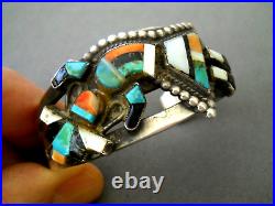 Native American Multi-Stone Inlay Sterling Silver Rainbow Man Bracelet 1940s 50s