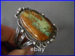 Native American Navajo Boulder Ribbon Turquoise Sterling Silver Stamped Bracelet