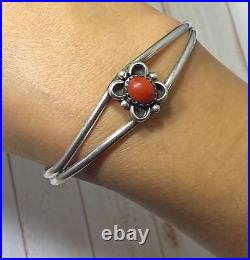 Native American Navajo Cuff Bracelet Sterling Silver and Coral Ethnic Signed SM