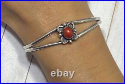 Native American Navajo Cuff Bracelet Sterling Silver and Coral Ethnic Signed SM