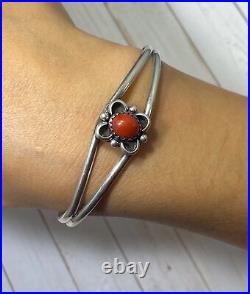 Native American Navajo Cuff Bracelet Sterling Silver and Coral Ethnic Signed SM