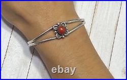 Native American Navajo Cuff Bracelet Sterling Silver and Coral Ethnic Signed SM