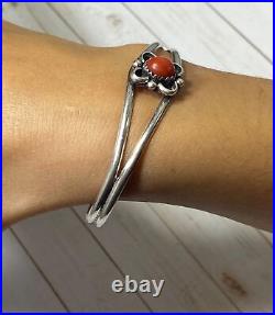 Native American Navajo Cuff Bracelet Sterling Silver and Coral Ethnic Signed SM