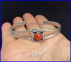 Native American Navajo Cuff Bracelet Sterling Silver and Coral Ethnic Signed SM