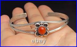 Native American Navajo Cuff Bracelet Sterling Silver and Coral Ethnic Signed SM