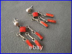 Native American Navajo Geometrical Coral Sterling Silver Chandelier Earrings