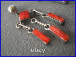 Native American Navajo Geometrical Coral Sterling Silver Chandelier Earrings