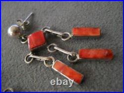 Native American Navajo Geometrical Coral Sterling Silver Chandelier Earrings